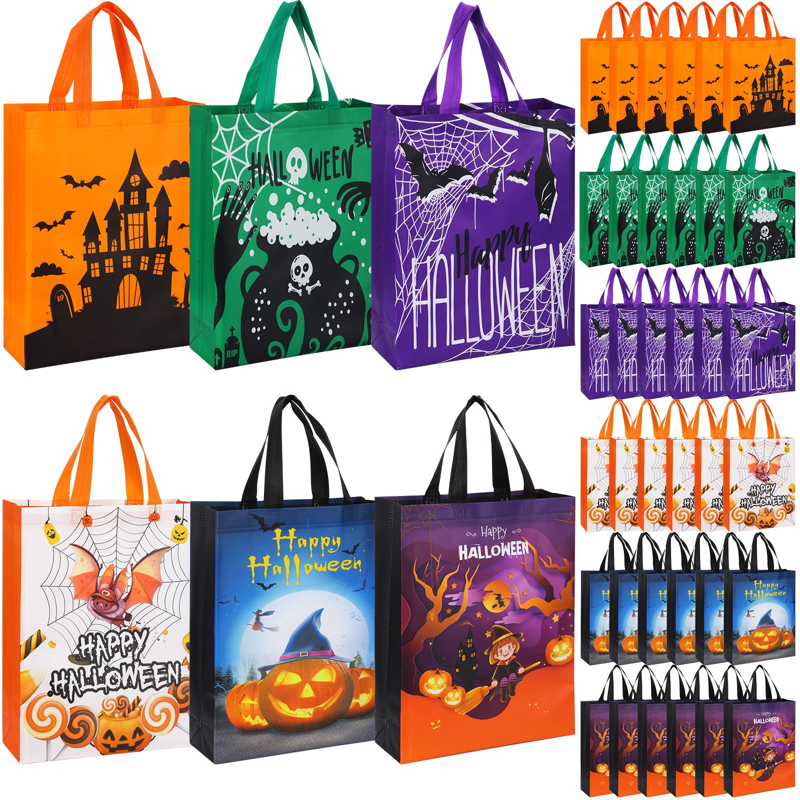 Sanwuta 48 Pcs Halloween Tote Gift Bags 14.9 x 11.8 Large Trick or Treat Reusable Non Woven Candy Treat Goodies Bags for Halloween Party Supplies