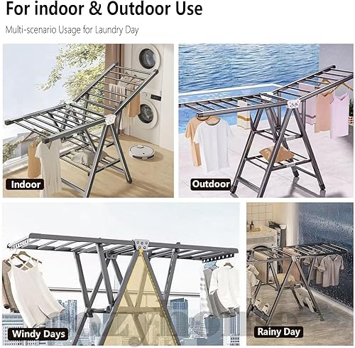 Miniatura 8 de Tendedero plegable de alta resistencia para ropa  71 pulgadas extra grande, soporte para secadora de ropa de metal extra grueso con ruedas, diseño