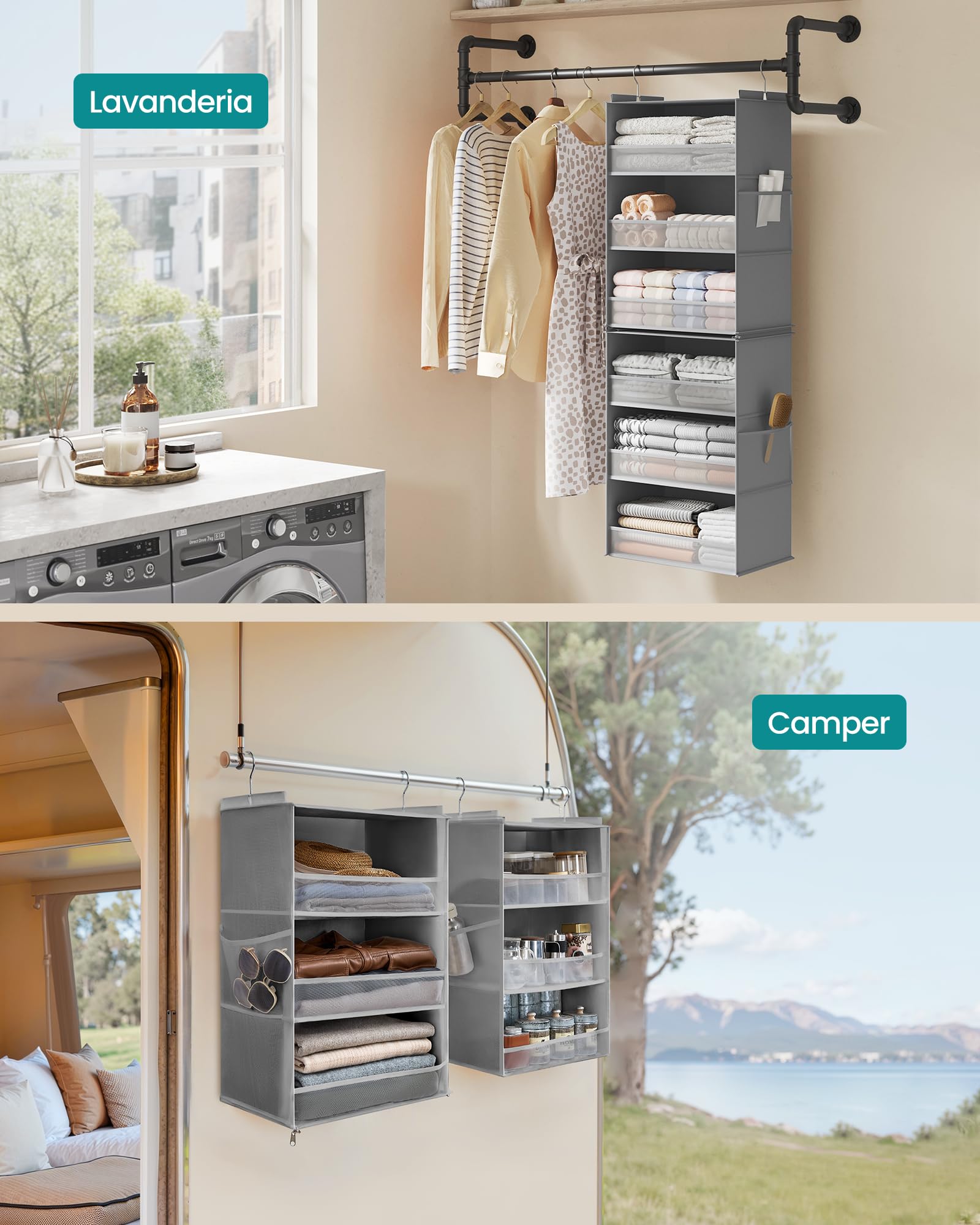 SONGMICS Portaoggetti da Appendere, Set di 2, Organizer Armadio, Divisibile, Pieghevole, Ganci in Metallo e Inserti in Bambù, Grigio Tortora RCH008G01