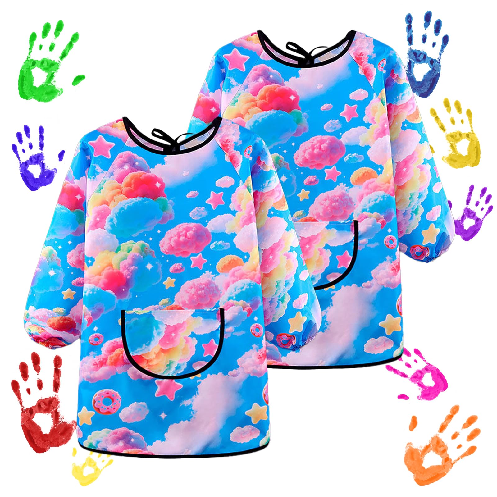 Cosbery Blue 2Pcs Kids Painting Apron For Age 7-12 Years, Waterproof Children's Art Craft Aprons With Large Pockets, Long Sleeve For Painting,Cooking,Eating, Lovely And Colourful Smocks