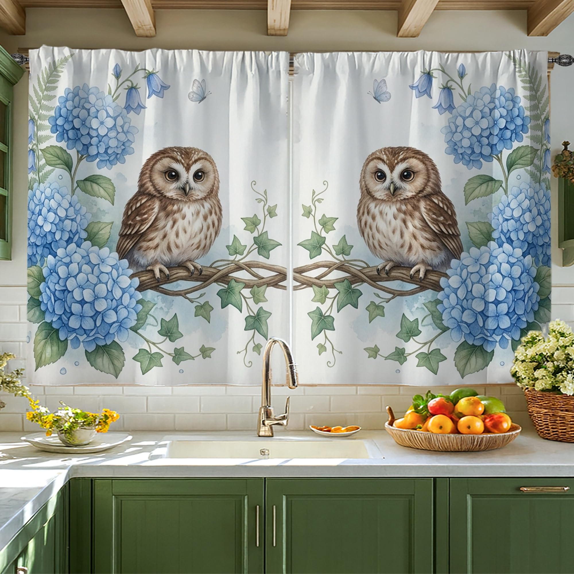 Rideaux de cuisine hortensia bleu printemps ensemble décoration fenêtre pour salle à manger