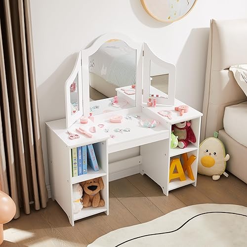 Miniatura 2 de Vanidad 2 en 1 para niños, mesa de maquillaje de princesa con armario de almacenamiento abierto, tocador de juego de simulación con espejo triple