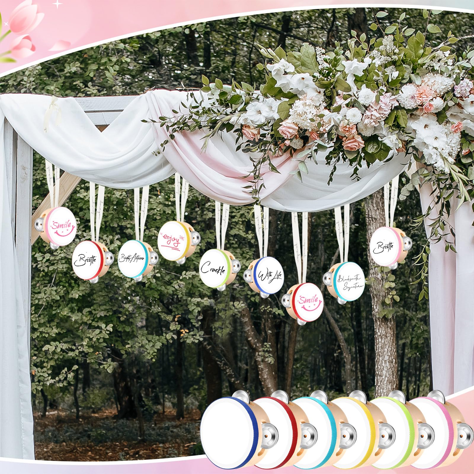 Set di 24 tamburelli da 10,2 cm per adulti, in legno, con sonagli in metallo, etichette regalo, nastro bianco stampato con scritta "I Love You", strumento musicale a percussione per chiesa