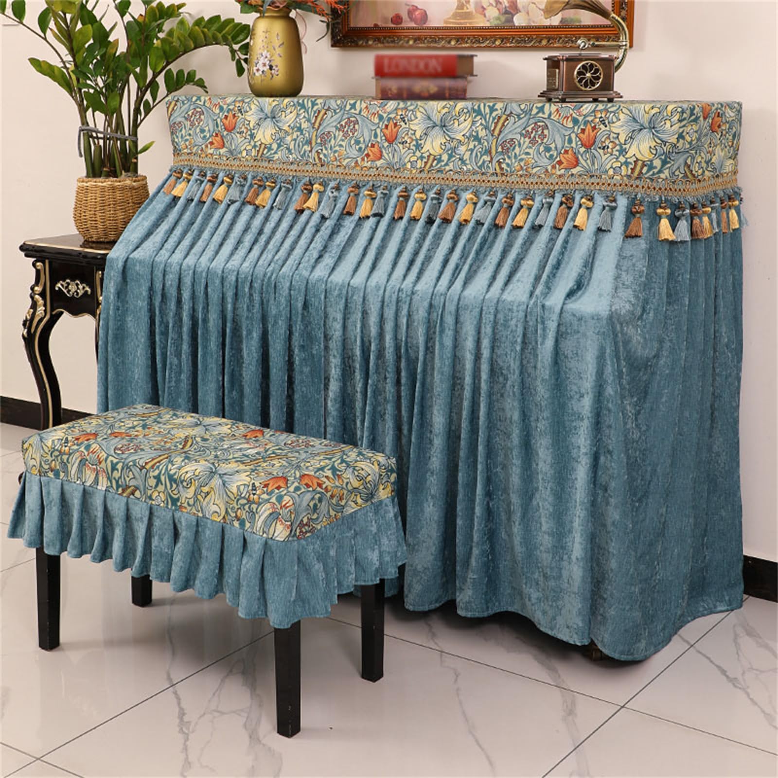 Panno Copri-Sgabello per Pianoforte con Copri-Sgabello, Copertura Completa di Lusso in ciniglia per Pianoforte, Copertura Protettiva Universale per Pianoforte Verticale con Ricami Floreali e