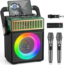 JYX Máquina de Karaoke com 2 Microfones Atualizada, Caixa de Som Bluetooth Portátil para Crianças e Adultos, Sistema de PA com Luzes LED Coloridas, Suporta BT/USB/TF/AUX/REC/TWS para Festas