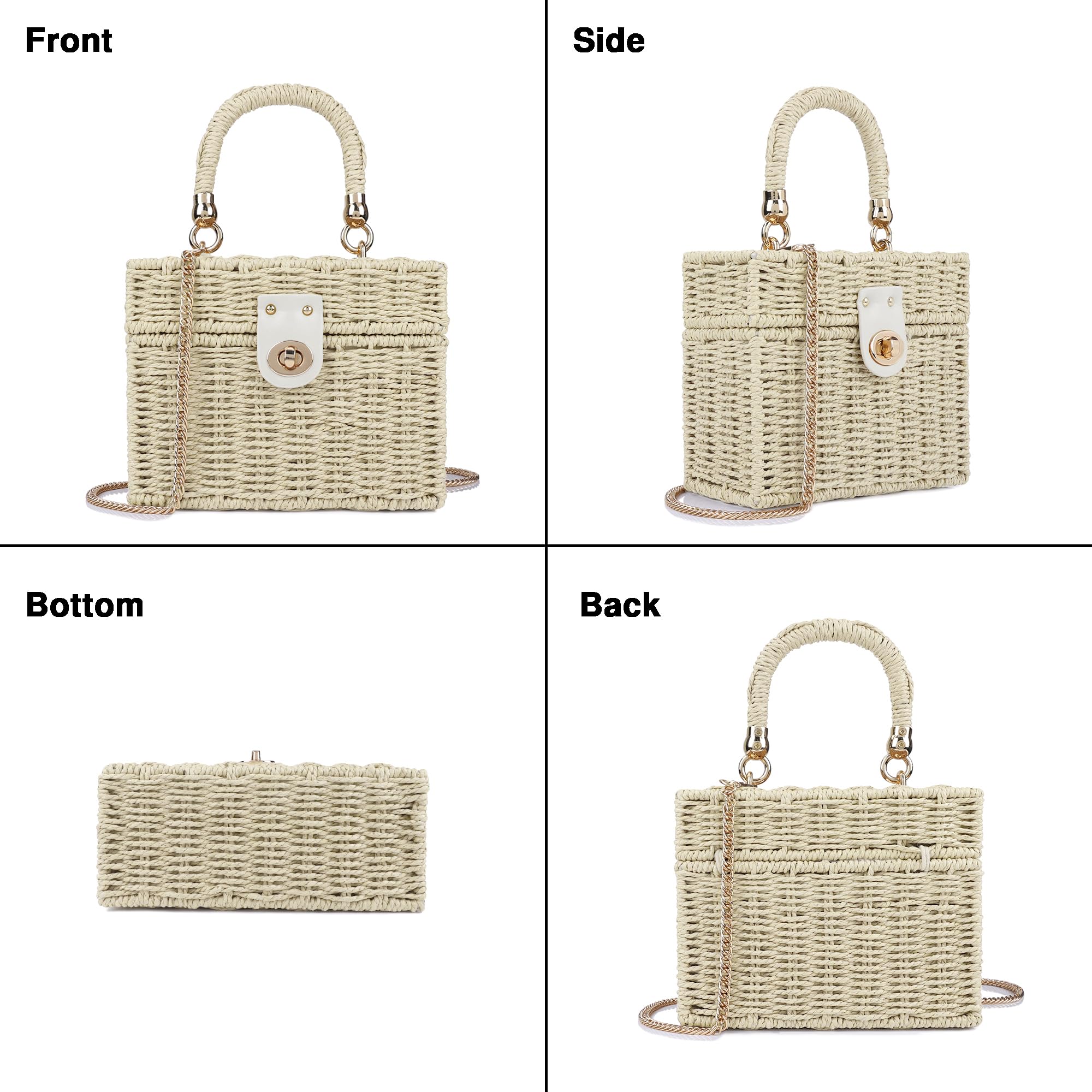 Handgewebte Rattan-Tasche für Damen, Korbgeflecht, Umhängetasche, Stroh, Strand-Tragetasche, Tragegriff oben, Handtasche mit Kettenriemen