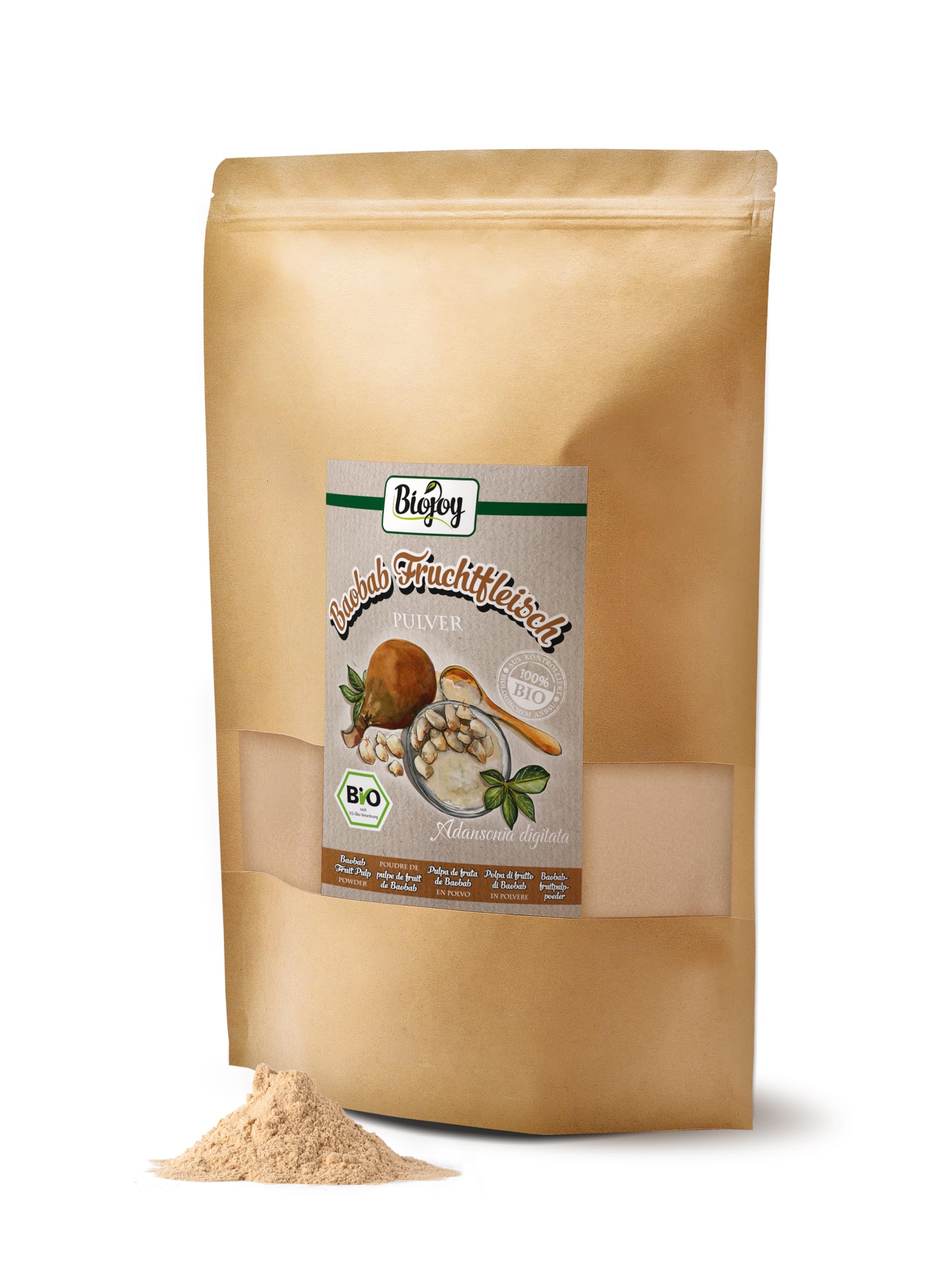 Biojoy Baobab en Polvo BÍO (1 kg), Fruta molida y cruda, sin aditivos (Adansonia digitata)