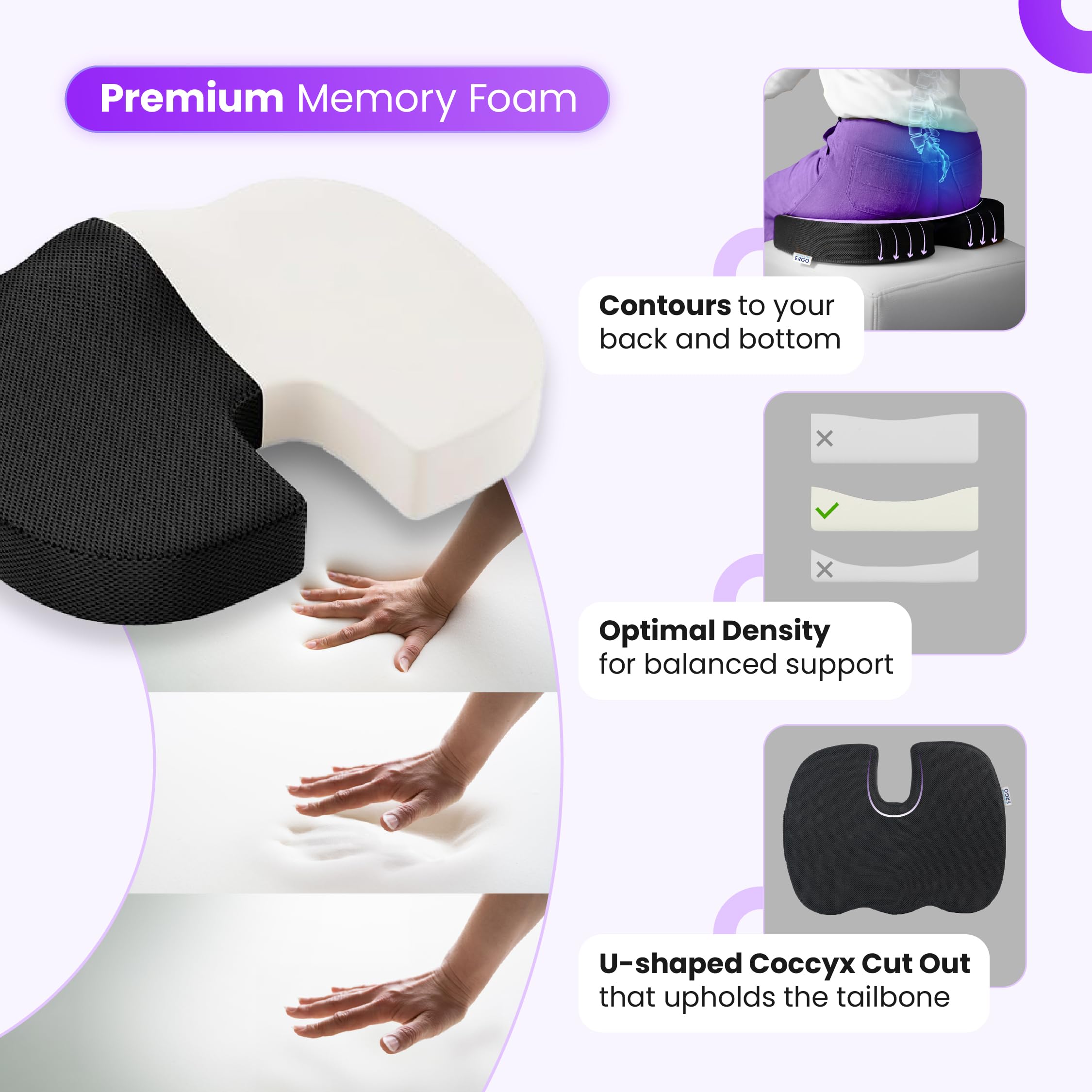 UltraCare PRO Memory Foam Ergo Coccyx Seat Cushion for Tail Bone Pain - Sciatica & Hip Pain Relief - Improves Sitting Posture - Ergonomic Design - Breathable Air Mesh, Black 1