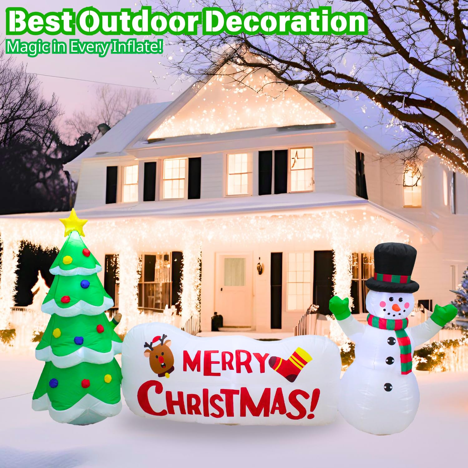 PTS Muñeco de nieve inflable de 10 pies con árbol y letrero para decoración al aire libre, decoraciones de patio inflable de Navidad, luces LED integradas, decoración divertida para interiores y