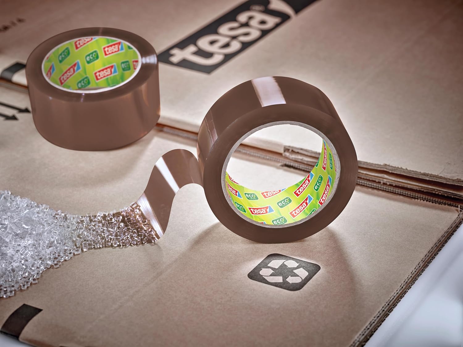 tesapack Eco and Ultra Strong Packing Tape - Made from Reprocessed Material - Securely Seals Parcels Weighing up to 30 kg - 1 Roll, 50m x 50mm