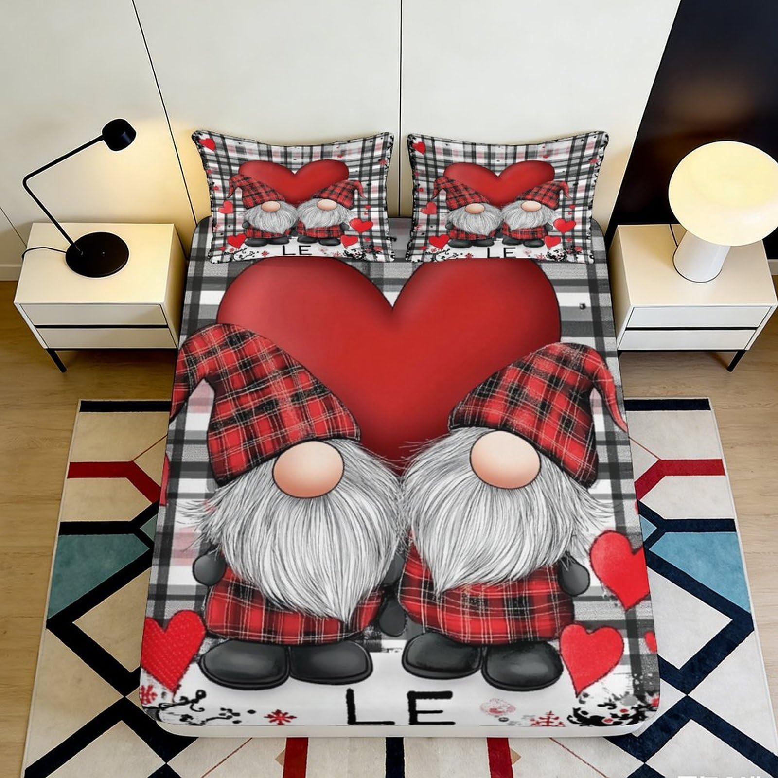 3D Printed Gnome Couple Heart Fitted Sheet Microfiber Red Plaid Bed Cover Non-Slip Bedroom Dorm Room Decor 90x200x25cm