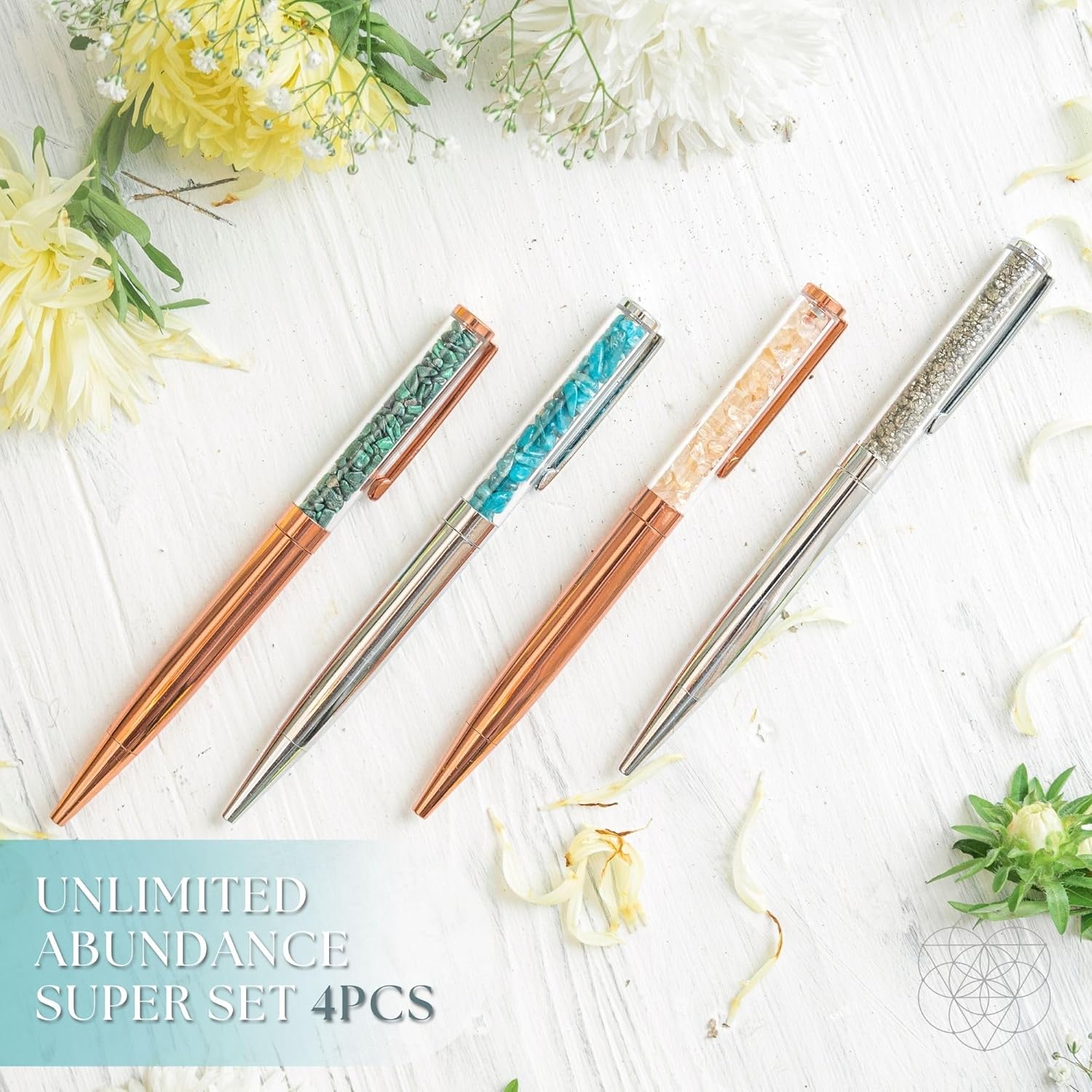 Conscious Items - Rose Gold Crystal Pen Set with Citrine, Malachite, Pyrite, Apatite - Natural Healing Crystals - Unlimited Abundance - Manifestation Set