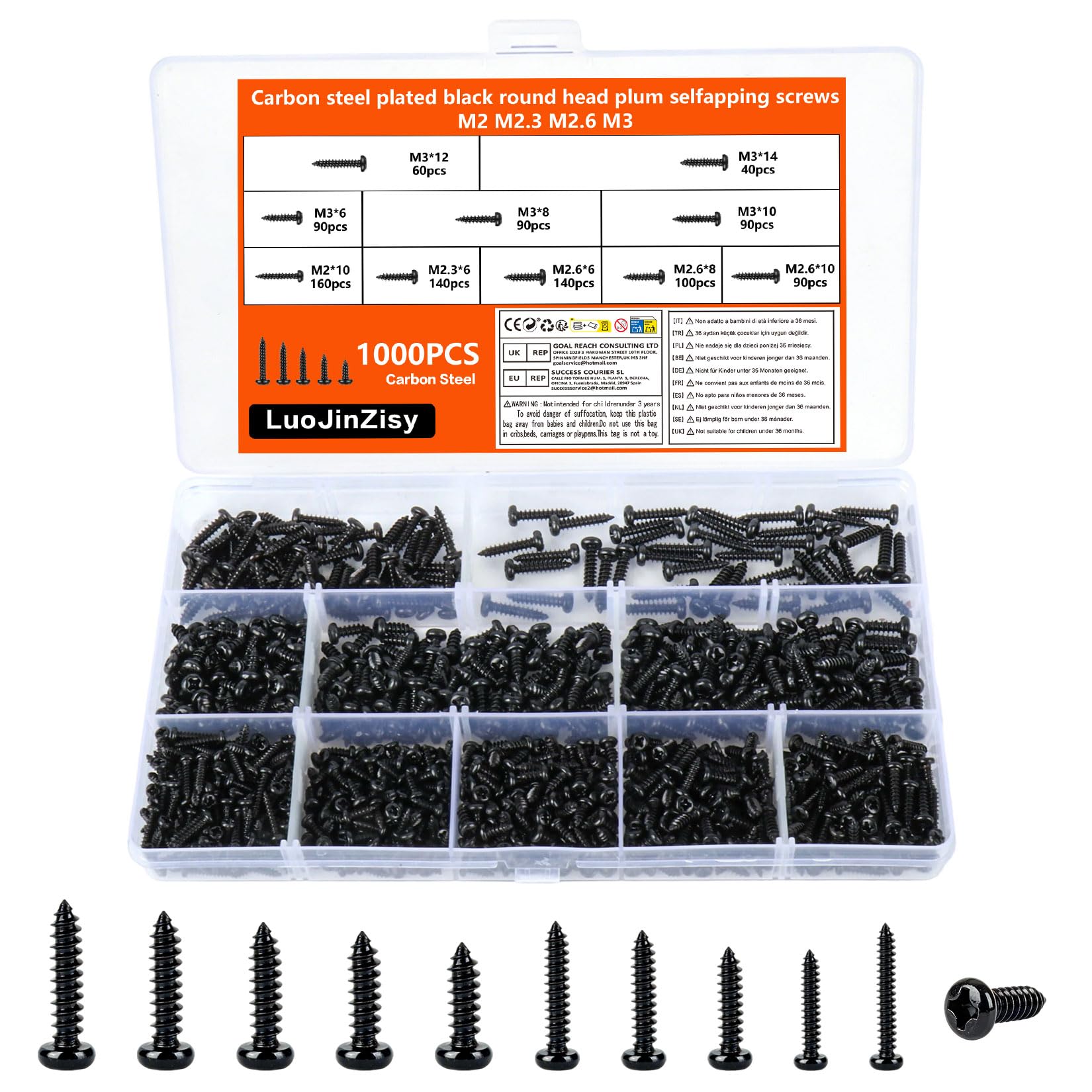 1000 Pcs M2-M3 Black Self Tapping Small Screws for Wood, Metal & Plastic