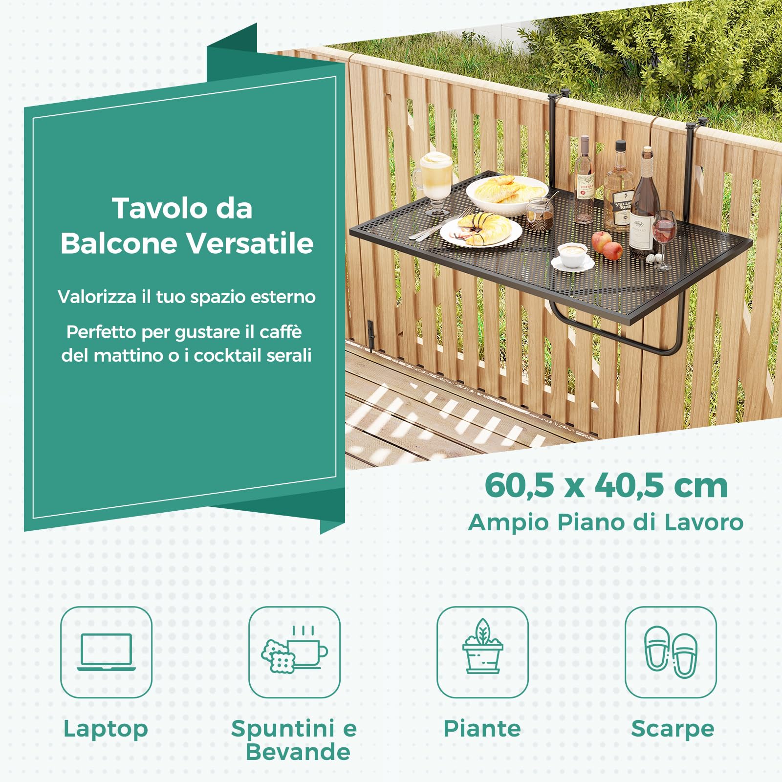 COSTWAY Tavolino da Balcone, Tavolino Sospeso Pieghevole con Struttura in Metallo, Tavolo Salvaspazio da Ringhiera per Patio e Terrazzo, Portata 23 kg, 60,5 x 50,5 x 51 cm