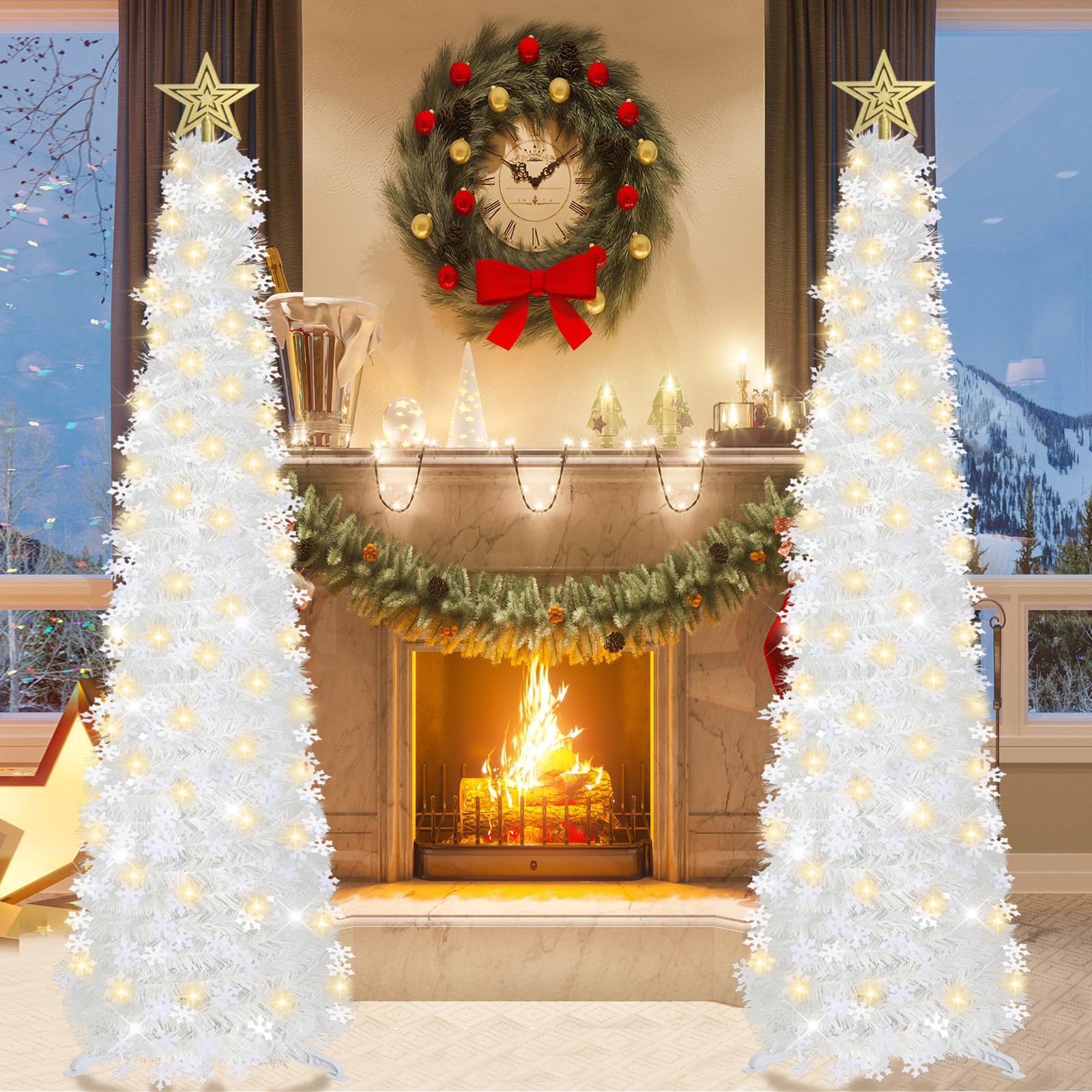 HMASYO Sapin de Noël pop-up de 1,5 m avec lumières minuterie, sapin de Noël blanc avec flocons de neige, sapin de Noël artificiel pliable pour la maison, le bureau, assemblage facile