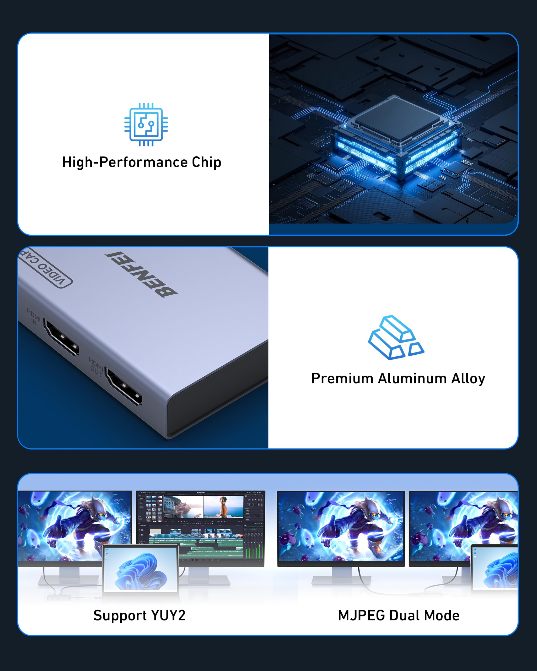 BENFEI Carte de capture vidéo HDMI vers USB-C 4K@60Hz avec sortie boucle, appareil de capture de jeu basse latence 1080P 60FPS pour streaming, jeux, Switch, PS4/5, Xbox, Mac, ordinateur portable