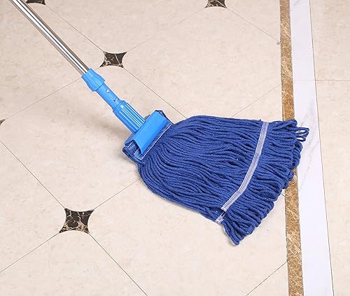 Miniatura 3 de Juego de trapeador de hilo de algodón de grado comercial resistente con cabezal de 24 onzas con mango de extensión de acero inoxidable (azul)