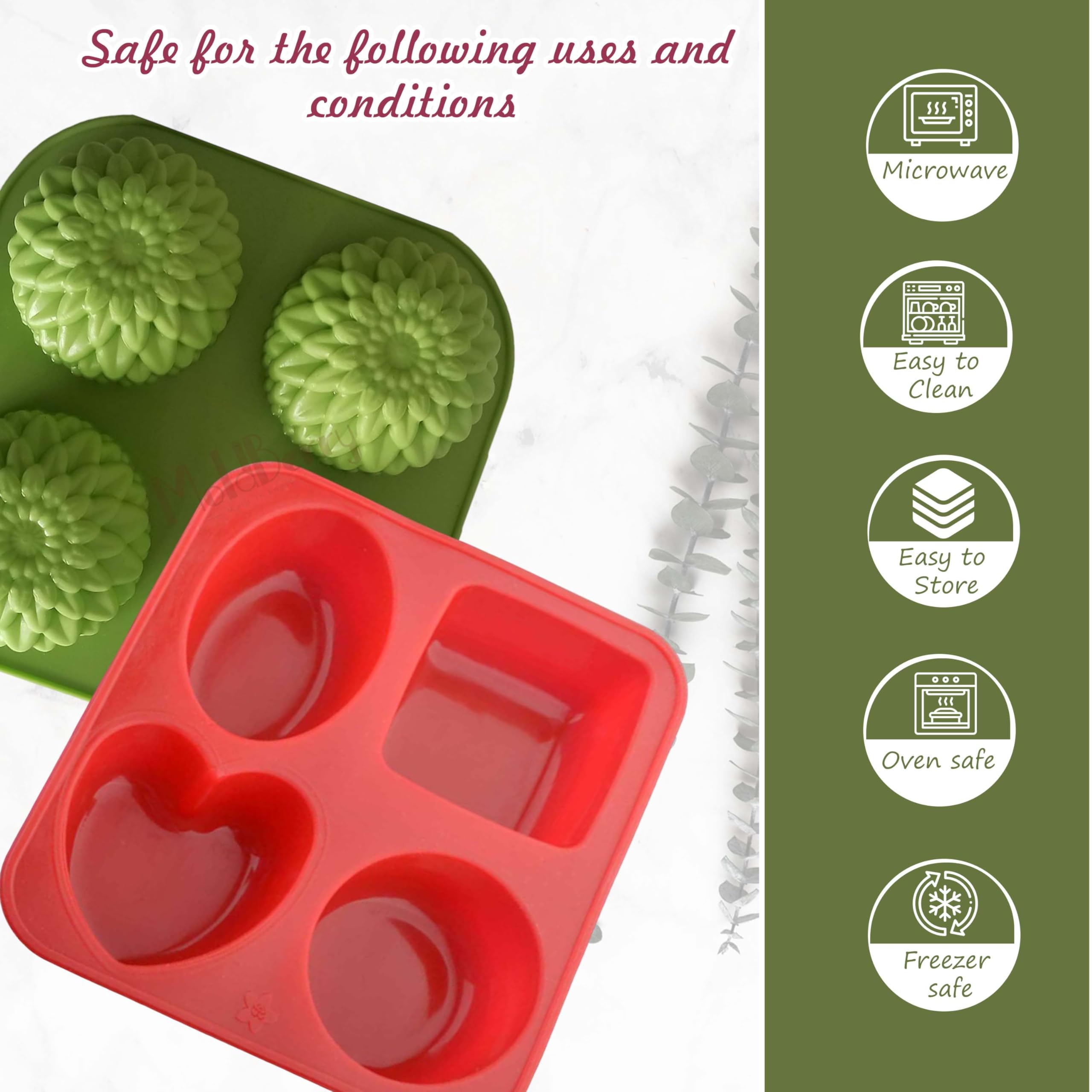MoldBerry Silicone Soap Mould Combo Set – 2 Pcs Flower, Heart, Circle, Oval, Square Shapes for Handmade Soap, Cake, Bath Bomb, Lotion Bar – Multicolor 1