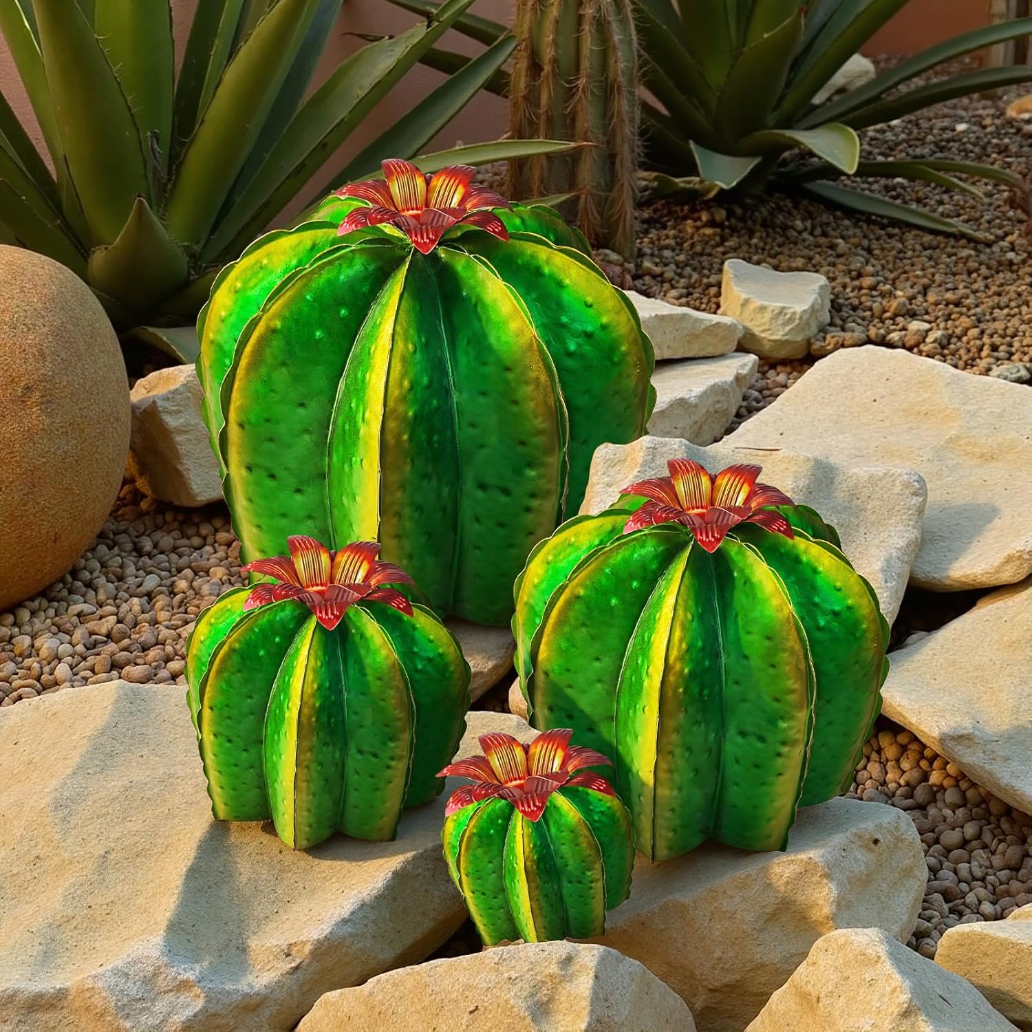 Set of 4 Metal Bisnaga Cactus Garden Decor Set, Barrel Sculptures for Patio Lawn and Home, Mexican Style Yard Art Pairing with Metal Agave Plants Outdoor Decor (4-Piece Barrel Cactus Set)