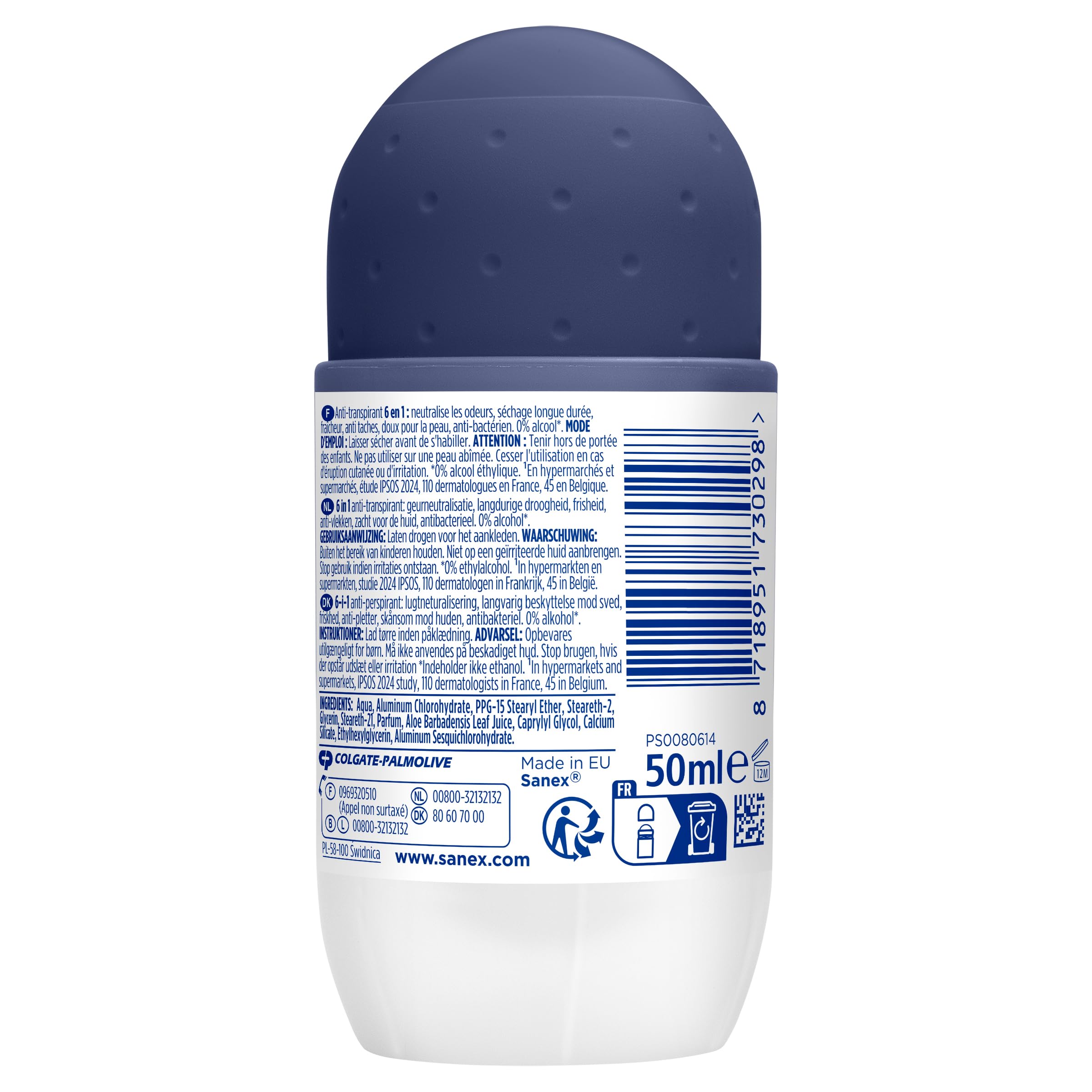 SANEX - Dermo Men Active Control 72 h Anti-transpirant homme – protection puissante contre la transpiration et les odeurs – sensation immédiate de peau nourrie – ne contient pas d’alcool - lot 6x50 ml