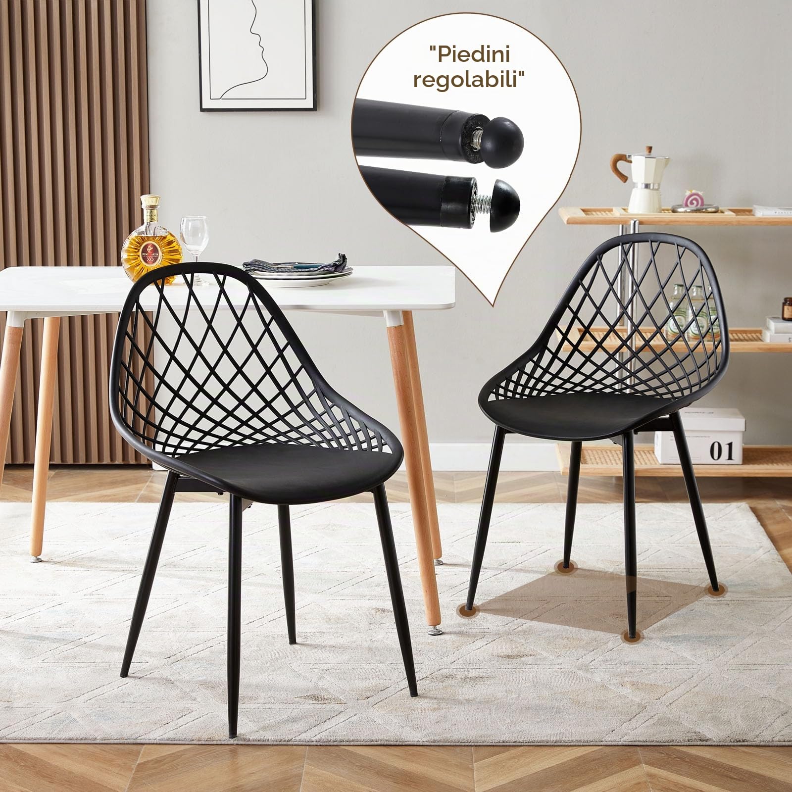 buybyroom Set di 4 poltrone, sedie da soggiorno, sedia piccola, realizzata in polipropilene e metallo, può sostenere un peso di 120 kg, colore nero