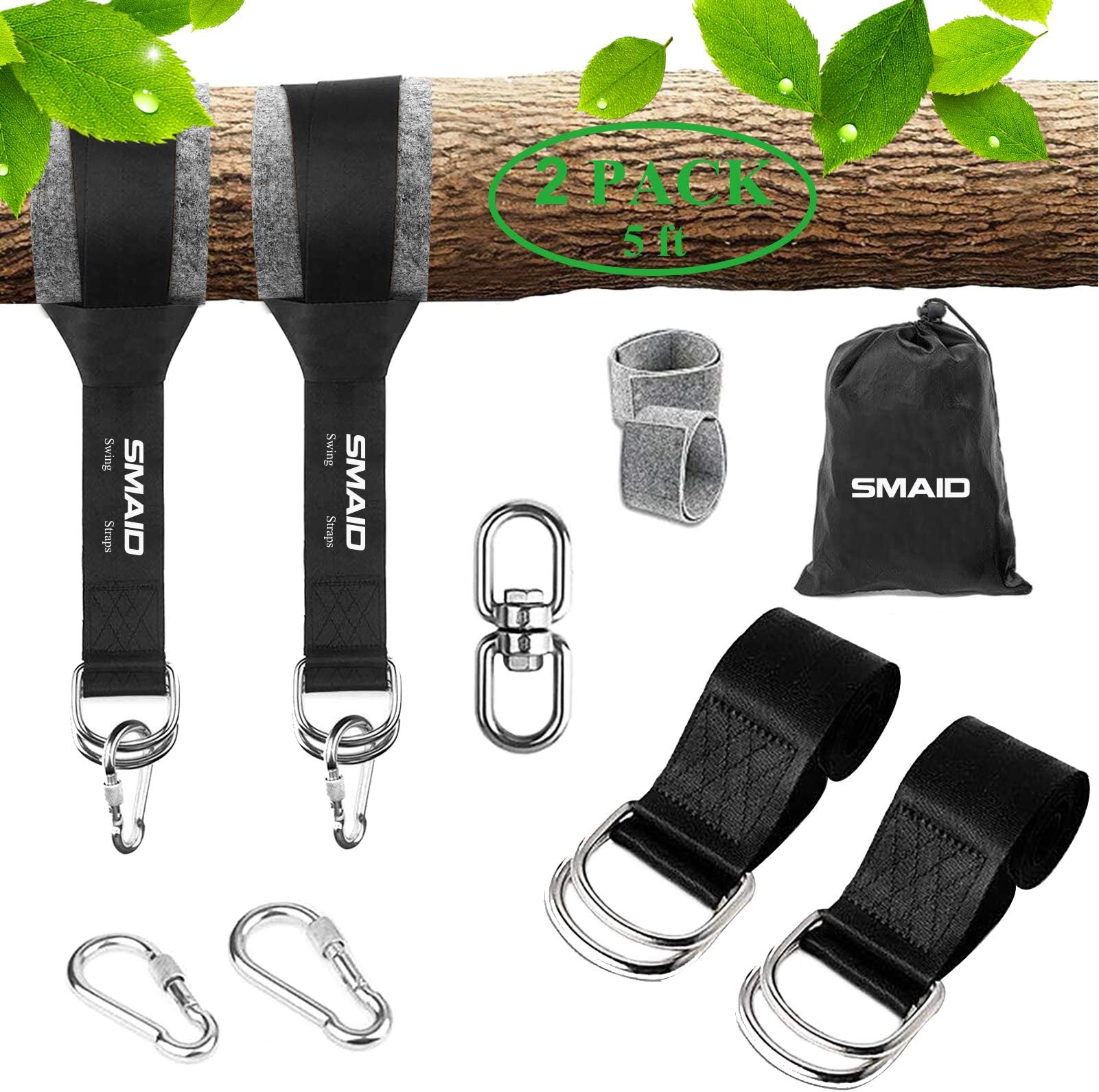 Smaid Tree Swing Hanging Straps Kit Holds 2600 lbs 5ft Extra Long,2 Tree Swing Straps+2 Heavy Duty Screw Lock Carabiners+2 Tree Protectors+Swivel Fits Fast & Easy Way to Hang Any Swing or Hammock