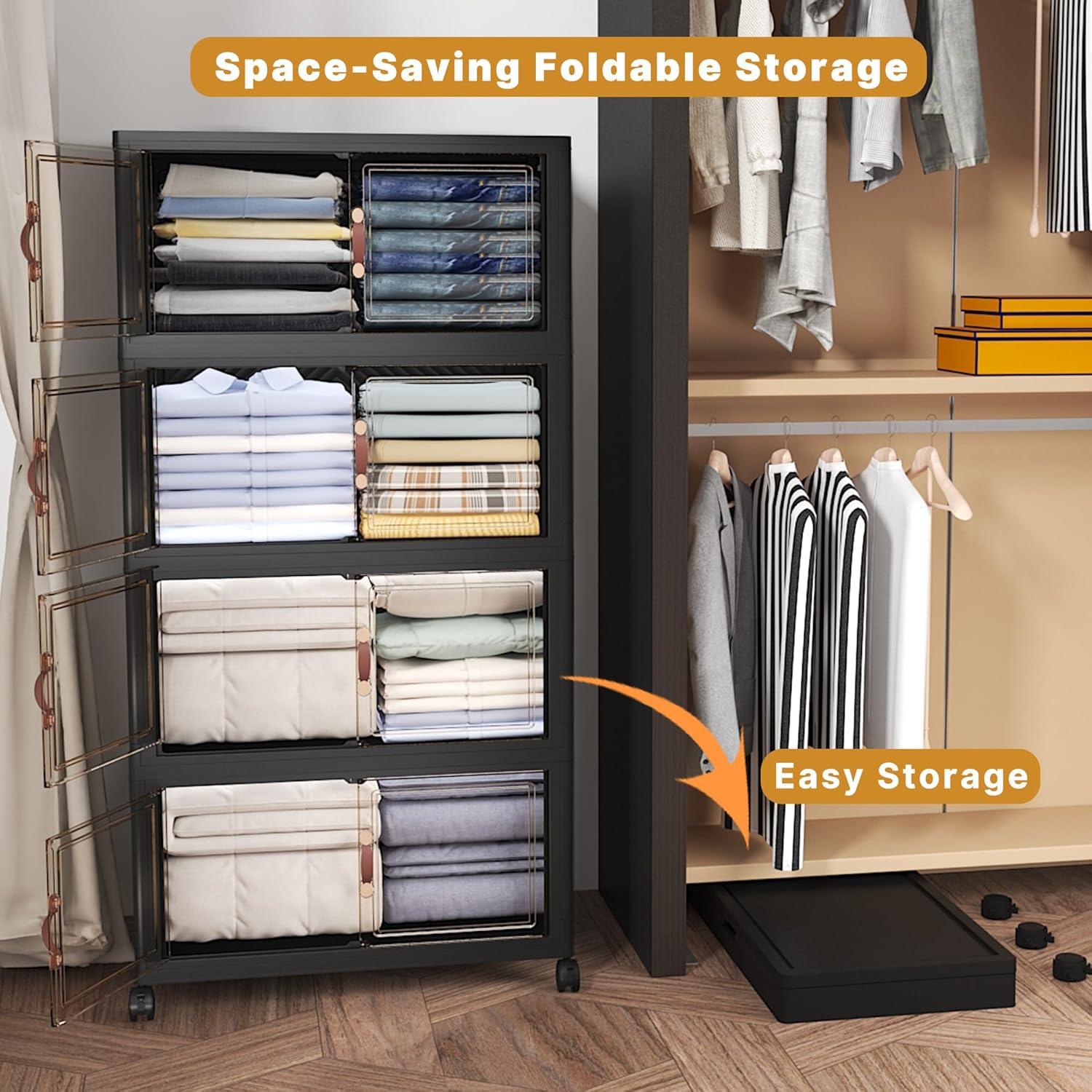 Extra Large Stackable Storage Bins with Lids & Wheels, Foldable Collapsible Closet Organizers Dark Storage Cabinet with Doors for Bedroom Dorm