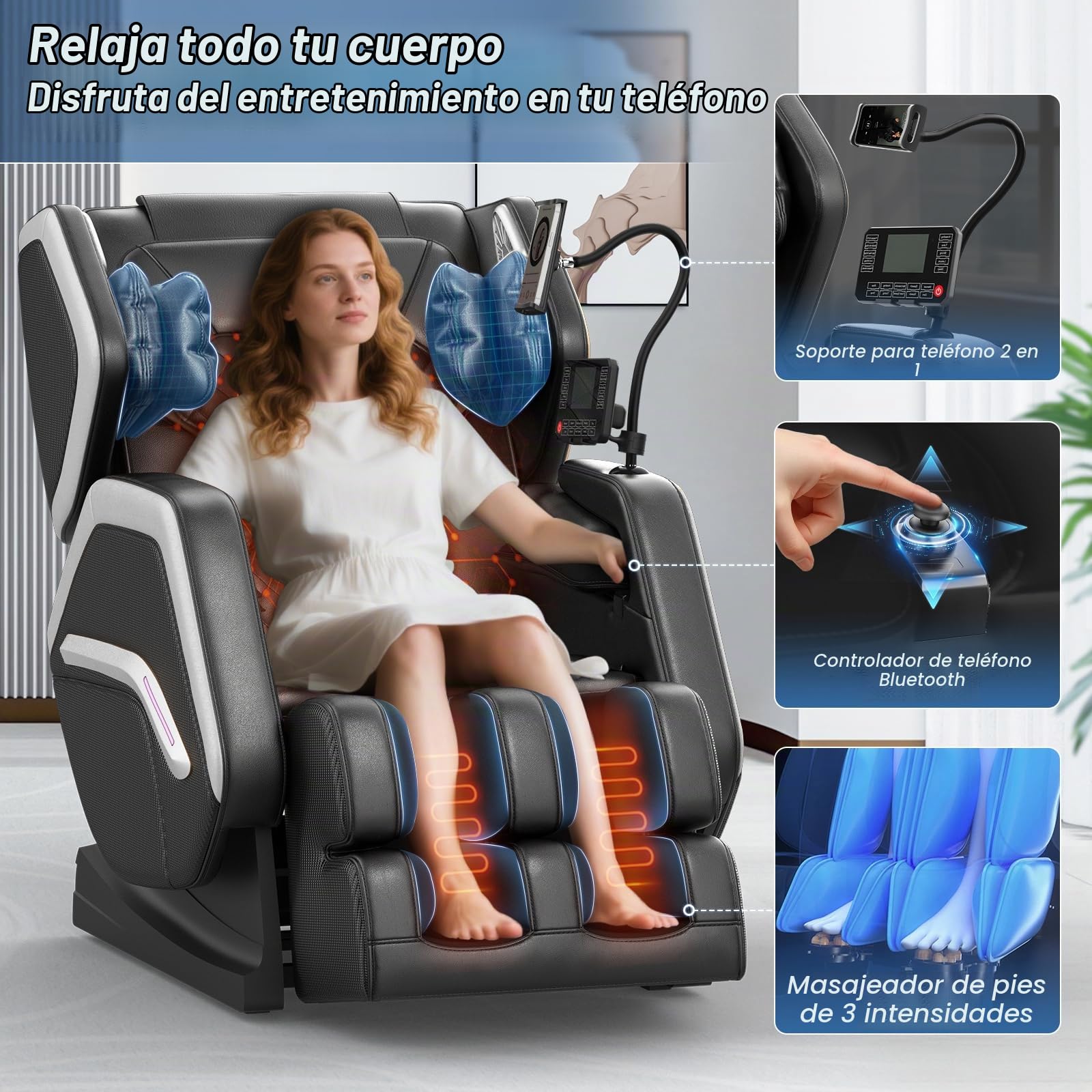 Sillón de Masaje, sillón reclinable de Cuerpo Completo con 14 Rodillos, 8 Bolsas de Aire, función de calefacción, Masaje de pies, Altavoz Bluetooth, Control Remoto táctil
