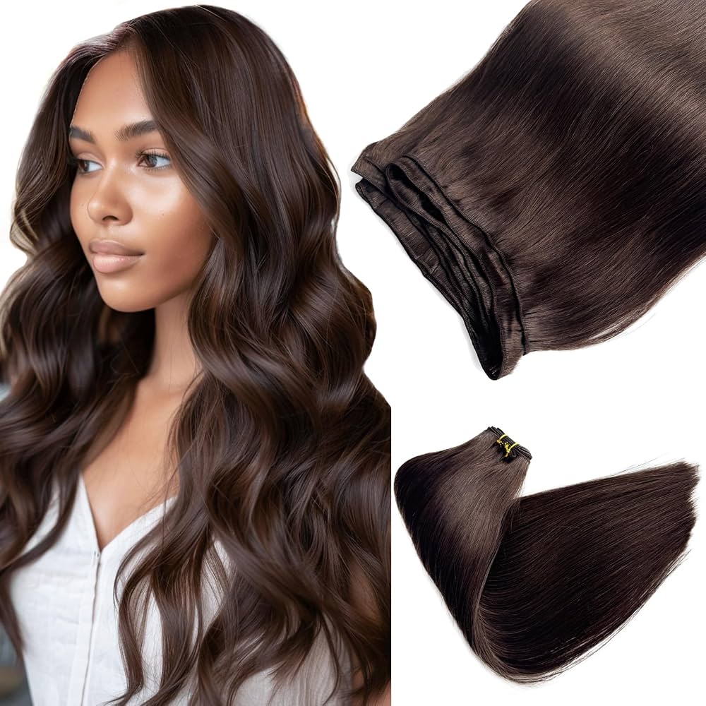 Amazon.com : Weft Hair Extensions Human Hair, Dark Brown Sew  display picture 1