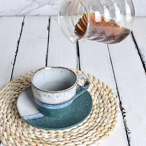 Miniatura 5 de Bosmarlin Juego de 2 tazas de café de gres con platillo para café con leche, capuchino, té, onzas, lavavajillas y microondas (verde, 2)