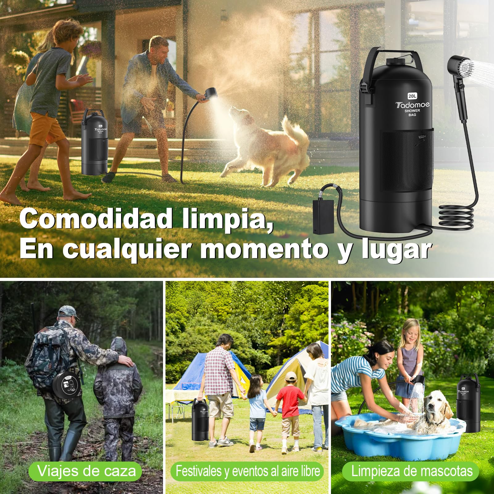 Ducha Portatil, Ducha Camper 5 Galones/20L con Bomba de Ducha Portátil, 2000mAh Bolsa Ducha Camping con Boquilla Práctica para Camping, Senderismo y Playa