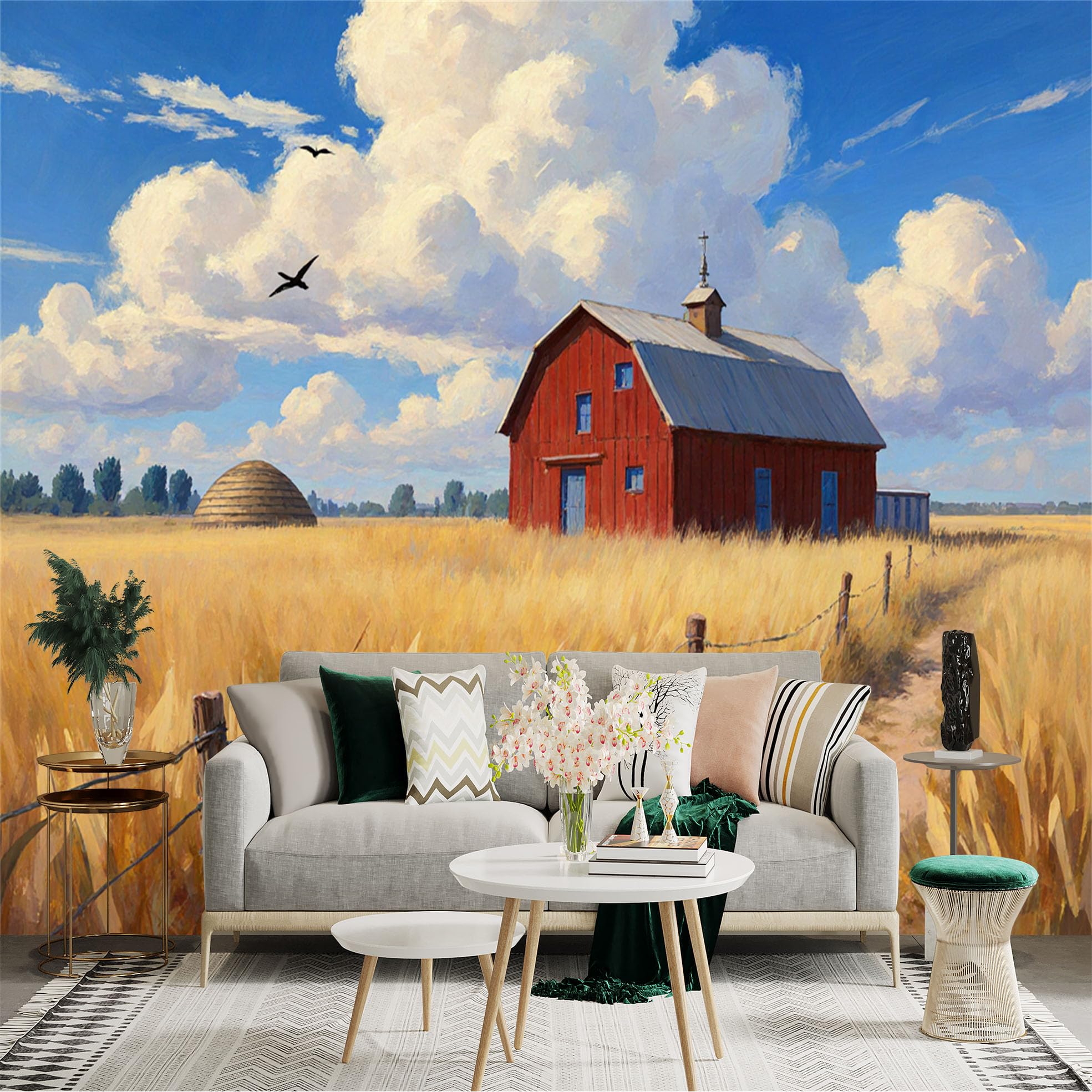 Custom Size Wall Sticker Mural， Red Barn in Golden Wheat Field， Blue Sky and White Clouds， Peaceful Countryside Landscape， for wall Decoration， peelandstick wall Decals.