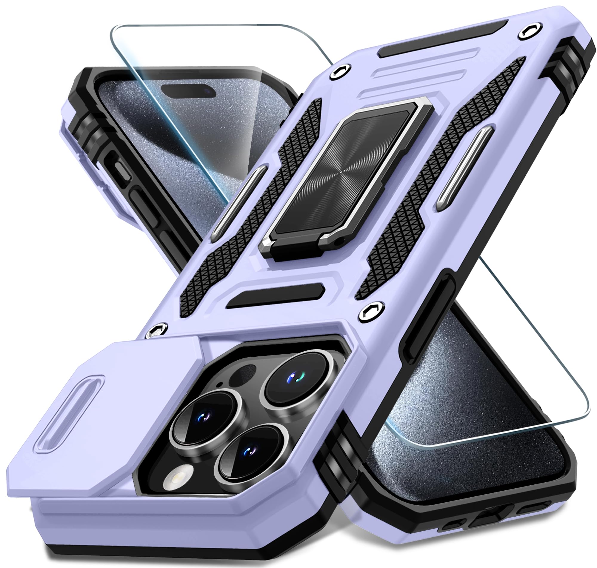 DEERLAMN Case for iPhone 15 Pro Max with Slide Camera Cover+Screen Protector(1 Pack), Rotated Ring Kickstand Military Grade Shockproof Protective