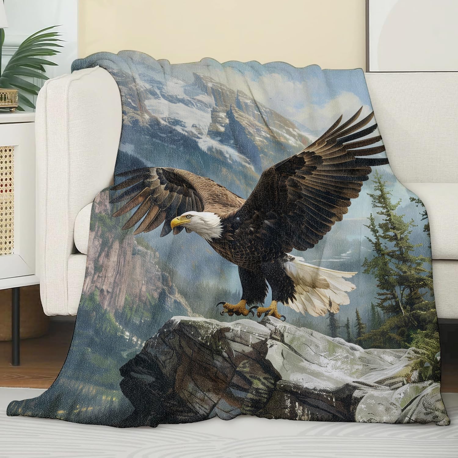 Eagle Gifts Flannel Throw Blanket, Eagle Decor in Forest Cliff Pattern, Soft & Warm for Bed, Sofa, Office - 80