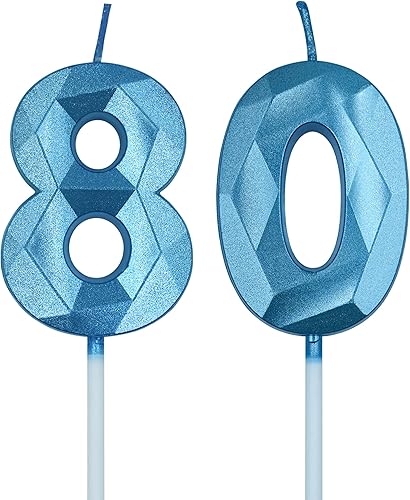 Velas de 80 cumpleaños para pastel, vela azul número 80 en forma de diamante 3D, decoración de cumpleaños, suministros de fiesta para mujeres u