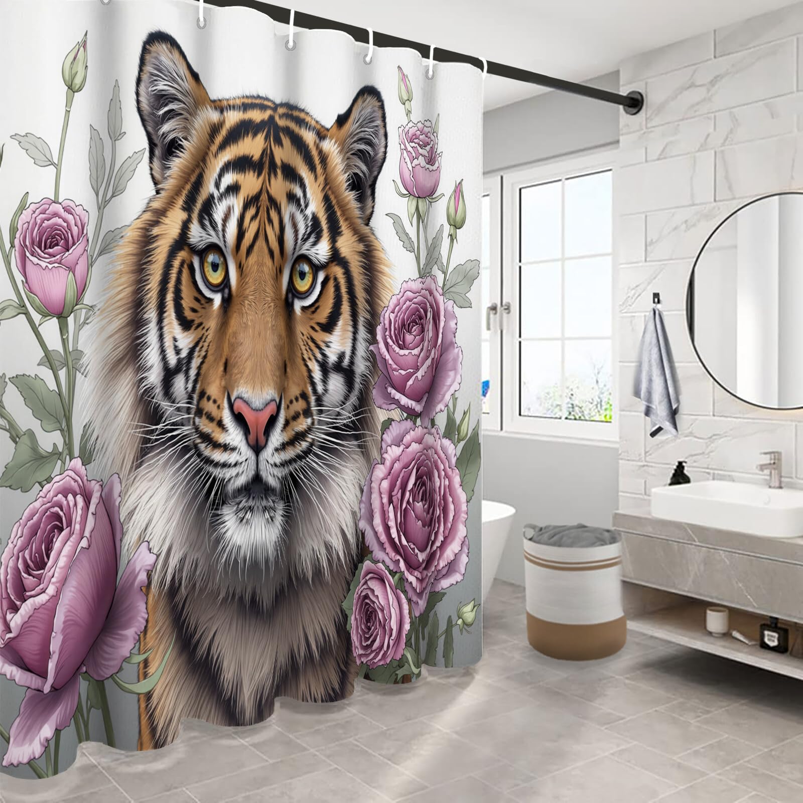 Rideau Douche,Rideau Baignoire Lavable en Machine Rideaux Douche Tissus Lavable Rideau De Baignoire Lavable pour Salle De Bain Domicile Baignoire Famille,Rose Tigre,
