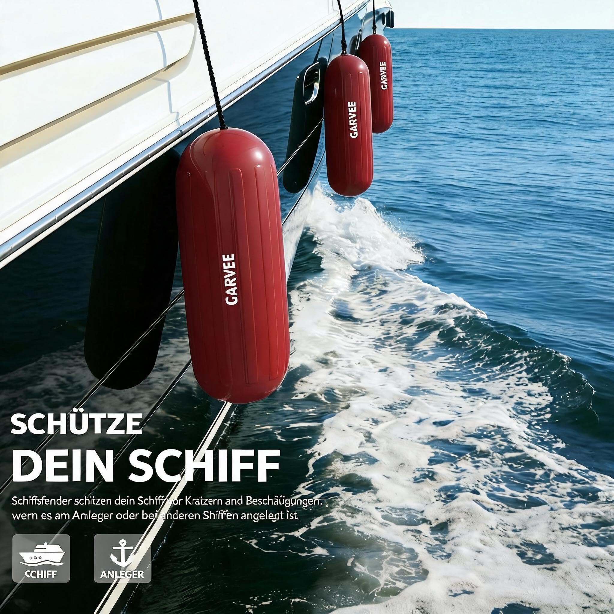 Garvee 4er-Set Aufblasbare Bootsfender 25,4 x 71,1 cm, Gerippte Mittelöffnung, Inklusive Seile Und Luftpumpe