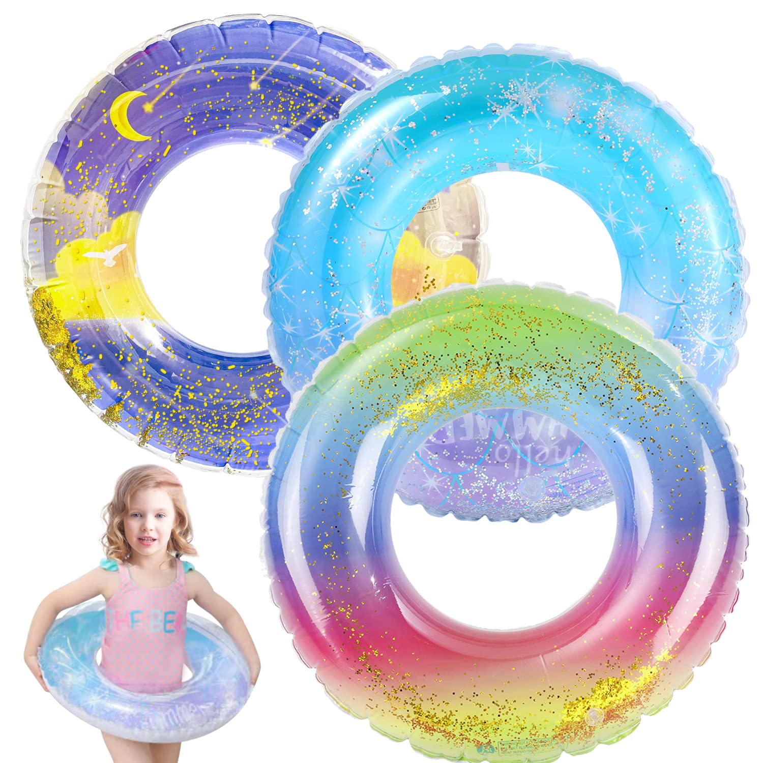 Pool Floats for Kids, 3 Pack Glitter Swim Rings Tubes for 4-10 Years Old Girls Boys, Inflatable Pool Tubes Fun Water Toys for Beach Outdoor Party Supplies Kids Floaties