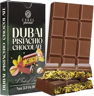 Ceres Gourmet Dubai Chocolate Bar, Pistachio Knafeh Chocolate Snack 2.3oz (65g) with Crispy Kunafa Layers and Smooth Milky Chocolate, Individually Wrapped Premium Gift-Style Treat for Special Moments
