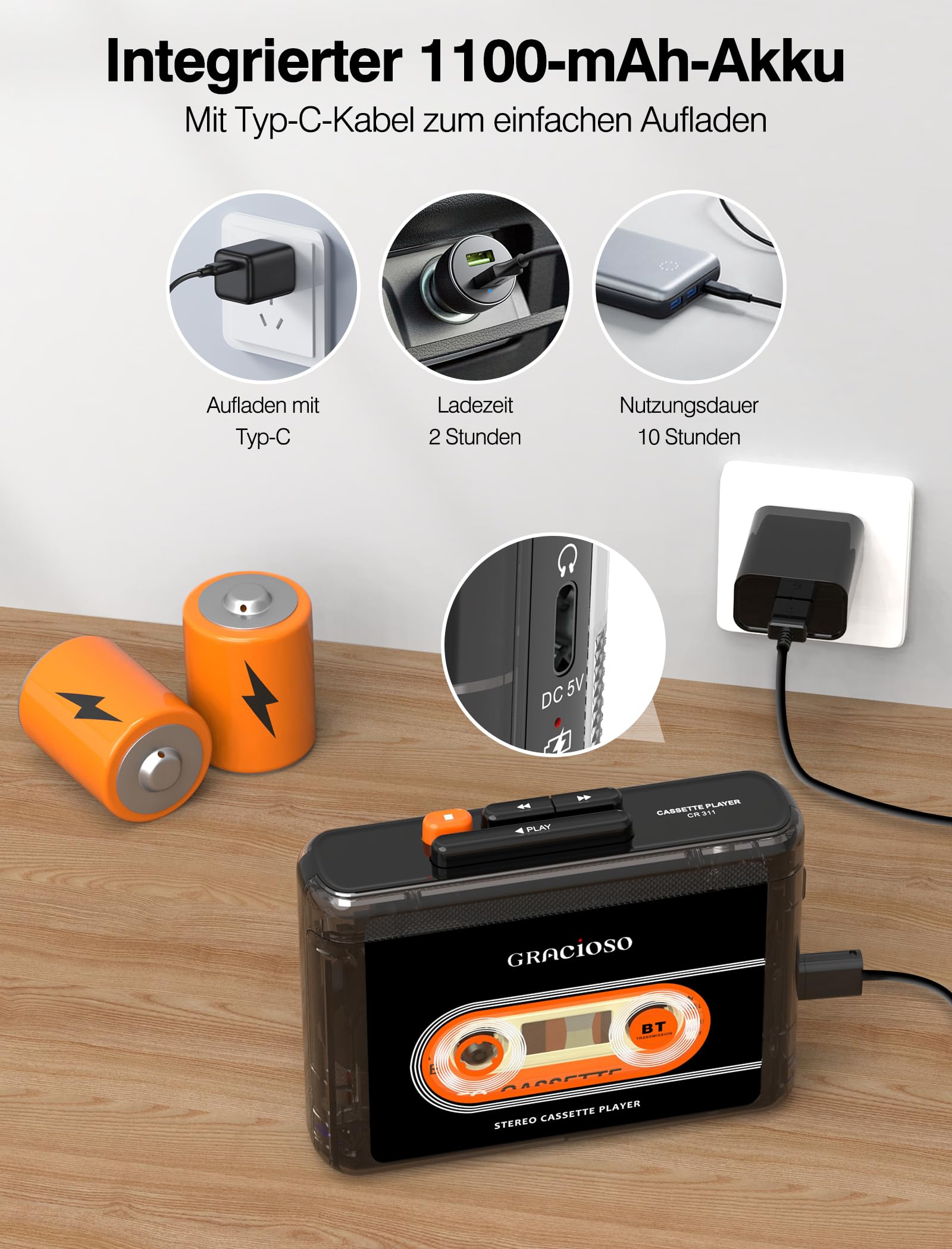 Gracioso Kassettenband, Bluetooth-Kassettenspieler mit 1100 mAh wiederaufladbarem Akku, kompakter Vintage-Kassettenspieler mit 3.5mm Kopfhörer, Mini-Kassettenrekorder mit Clip (Schwarz)