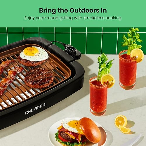 Miniatura 3 de Chefman Parrilla eléctrica de interior sin humo, cobre, extragrande, antiadherente para asar en interiores y barbacoa con control de temperatura
