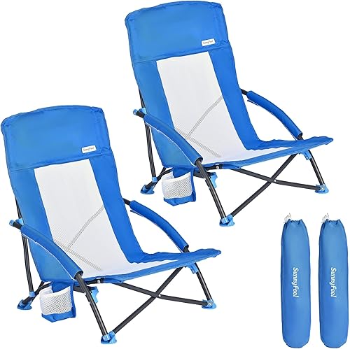 SUNNYFEEL Silla de playa plegable baja para campamento, paquete de 2, silla de césped portátil ligera con respaldo de malla, portavasos para