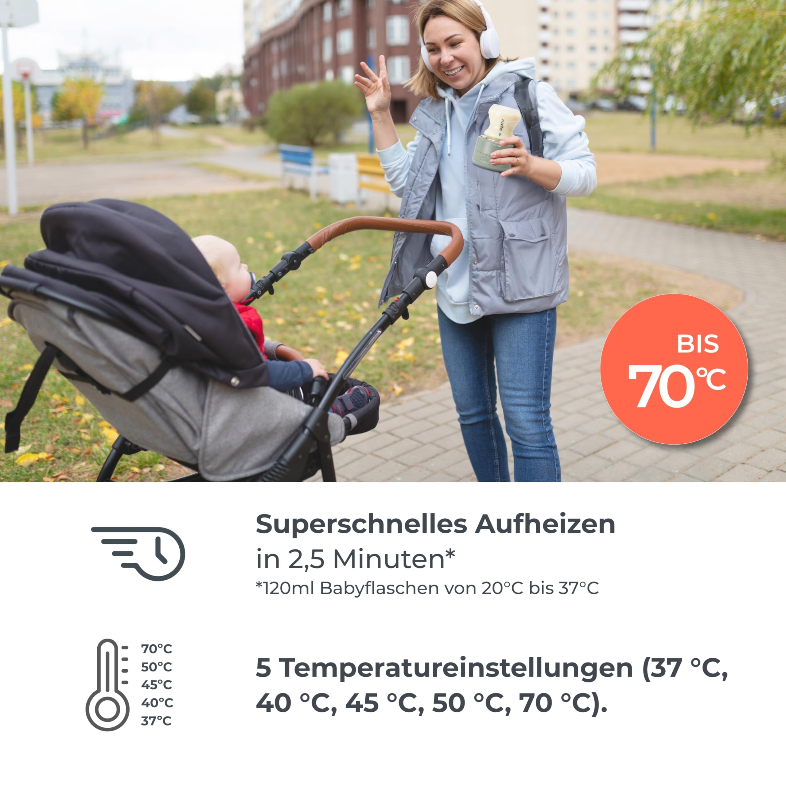 Nuvita 1166 Warm70 Kabelloser Flaschenwärmer 70°C – USB-Aufladbar, Universell Kompatibel mit 6 Adaptern, 5 Temperatureinstellungen bis 70°C, Schnelles Aufheizen in 2,5 Min, Hält bis zu 6 Std. Warm