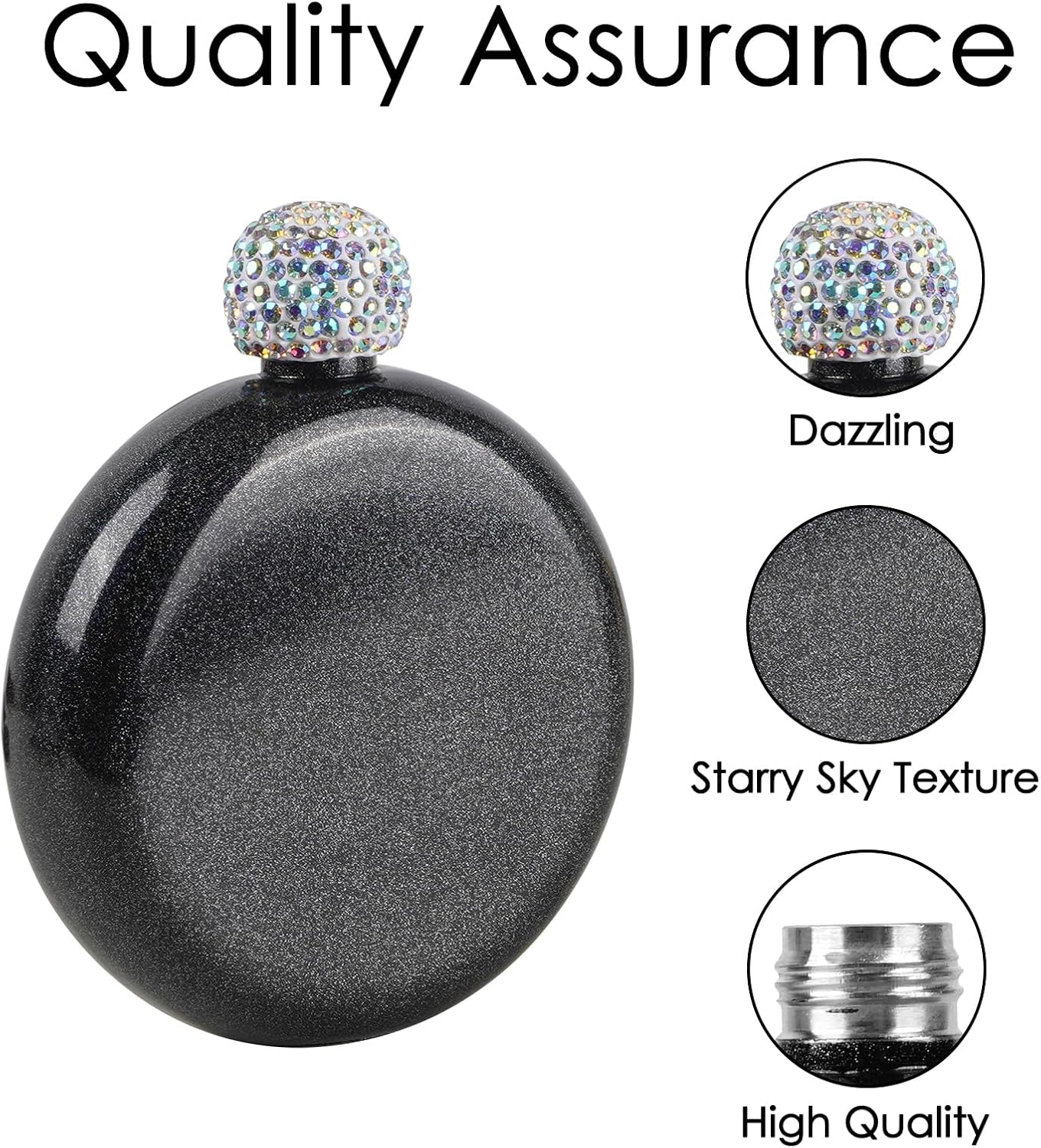 Cute Flask for Women, 5Oz 304 Stainless Steel Flask for Whiskey Liquor, Coating Liquor Flasks with Rhinestone Lid and Funnels, for Women Girls Wedding Birthday Gift (Black)
