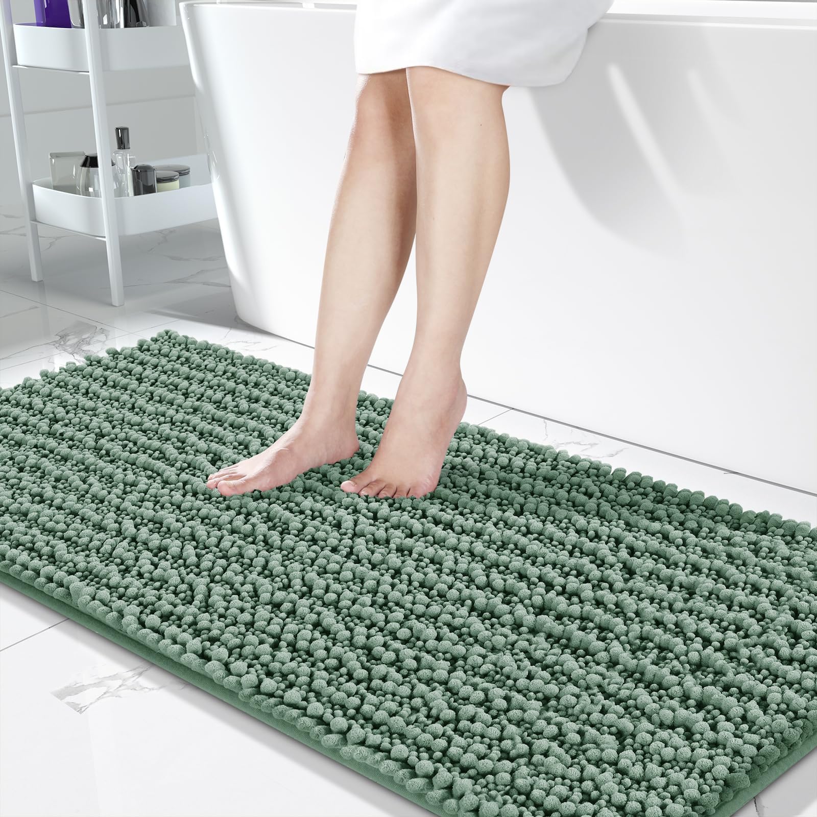 Yimobra Bathroom Runner Rug Mat 60.2 x 24, Non-Slip Soft Shaggy and Comfortable Large Size Chenille Bath Rug, Super Absorbent and Thick, Machine Washable, Long Bathroom Rug, Green