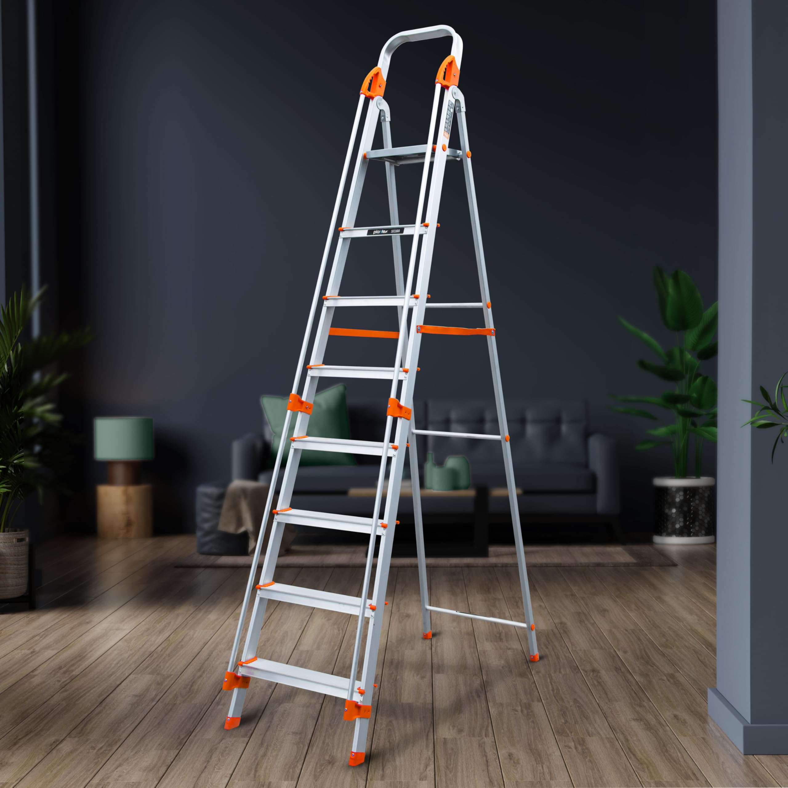 Plantex Secura 8 Step Aluminium Ladder for Home/Foldable Ladder with Safe Hand Rails/5 Year Manufacturer Warranty(Orange-Silver)
