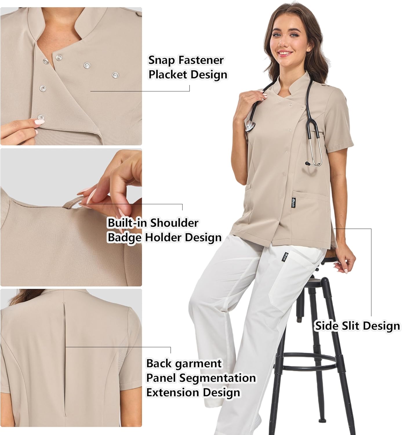 GUOER Scrub Tops Women,Mandarin Collar, Front Snap Fasteners,Side Slits,Back Pleats,3 Pockets