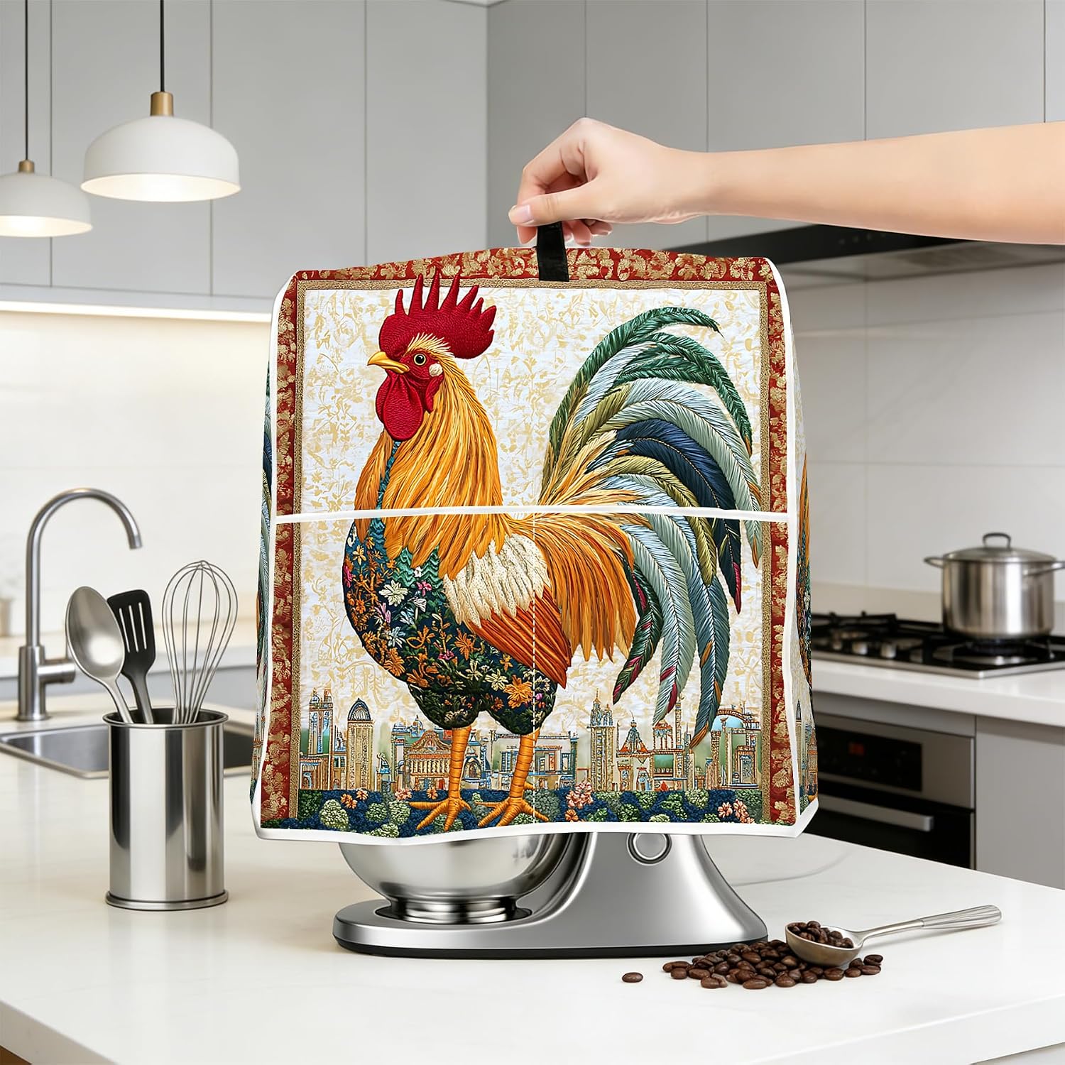 Stand Mixer Dust Cover with Handle & Pocket, Durable Protector for 6-8 Qt Mixers, Stylish Farmhouse Vintage Design, Easy to Clean, Perfect for Kitchen Storage