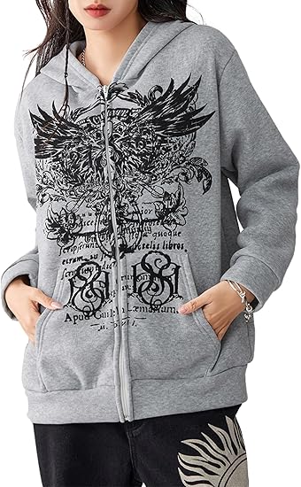 Vrouwen Y2k Oversized Rits Hoodie Lange Mouw Trui Jas Vintage Grafische 90s Streetwear Esthetische Sweatshirt, Kleur: wit, S