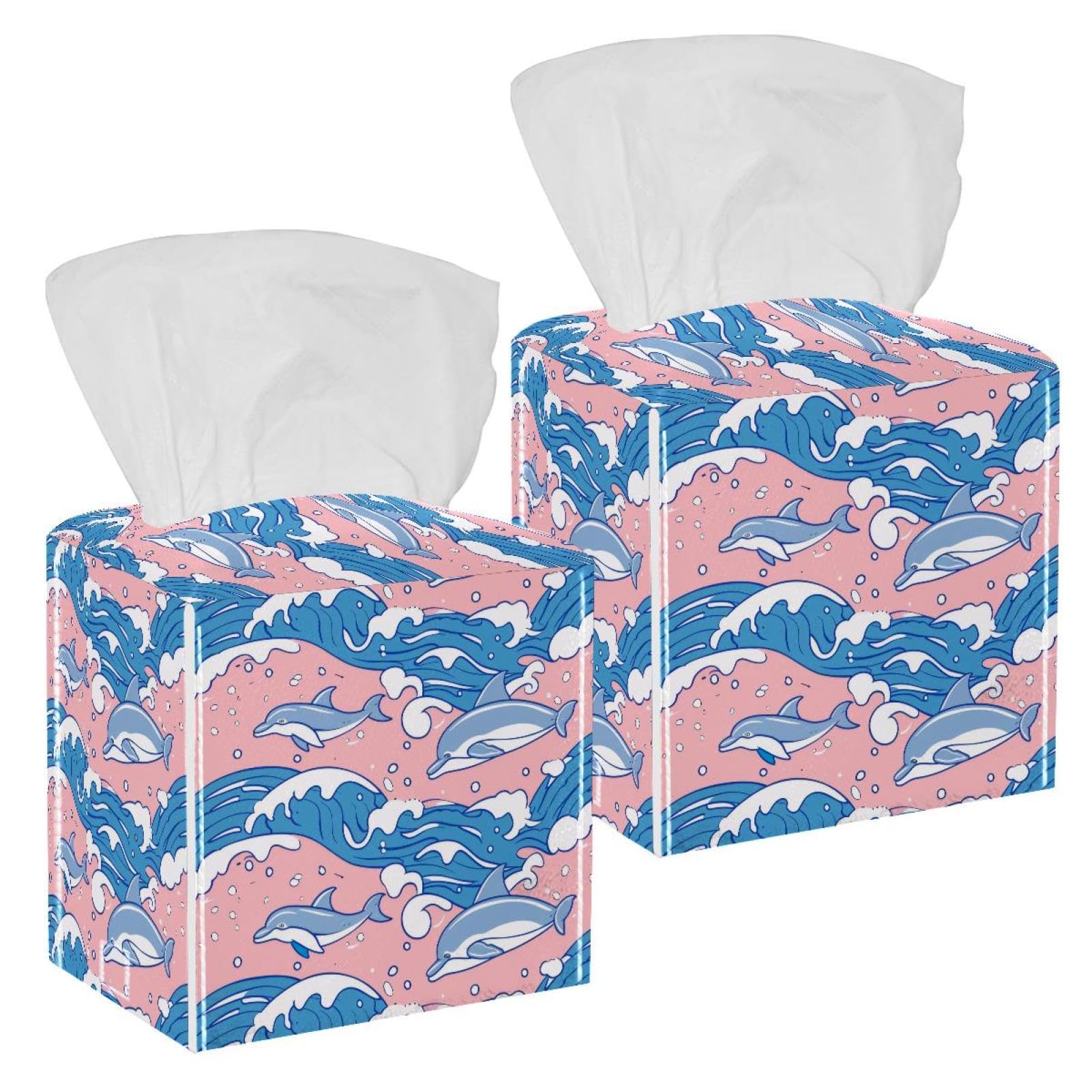 Blue Dolphin Wave Pattern Tissue Box Cover, 2 Pack PU Leather Square Facial Tissue Dispenser Box holder for Home Office Car